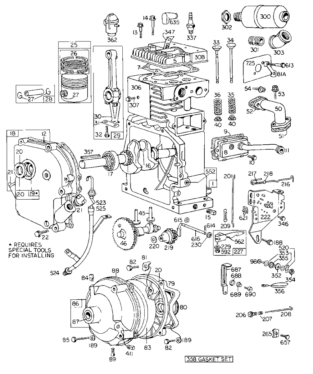 Cyl, Piston, Muffler, Crnkcse Diagram and Parts List for 146457-1125-XX  Briggs and Stratton Engine